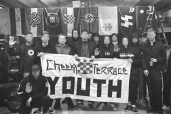 Sydney United supporters in front of Ustasha and Nazi flags