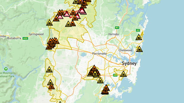 A map of SES evacuation alerts and warning across Sydney. 