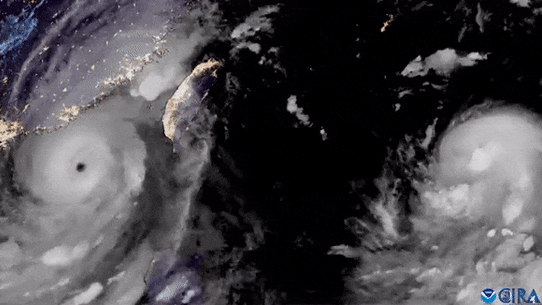 Super Typhoon Saola and Typhoon Haikui churn in the Western Pacific.
