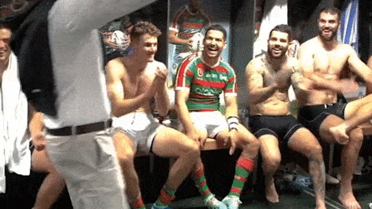 Wayne Bennett celebrates after beating the Broncos in 2019.