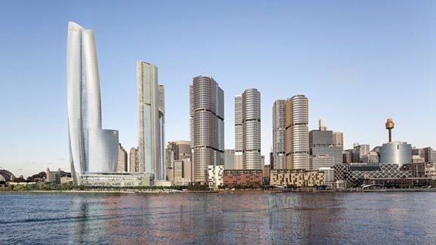 An artist's impression of James Packer’s Crown Casino complex, on the far left, at Barangaroo. 