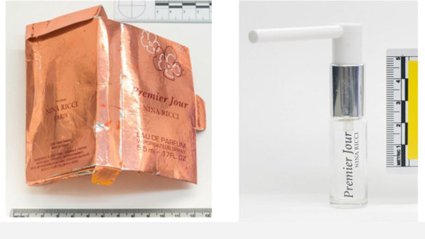 Images of the 'perfume' bottle and the bottle with adapted nozzle allegedly related to the Skripals poisoning in Salisbury.