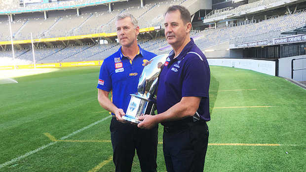 West Coast coach Adam Simpson and Fremantle counterpart Ross Lyon at Optus Stadium ahead of Western Derby 49.