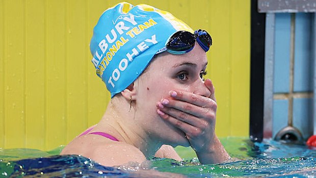Stunned: Sienna Toohey after smashing her personal best in the women’s 100m breaststroke final at the Australian trials.
