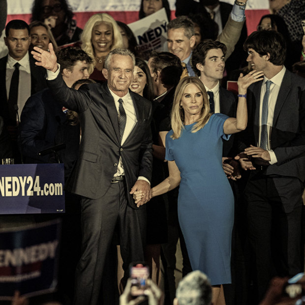 RFK Jr with wife Cheryl Hines after announcing his candidacy for president in April 2023.