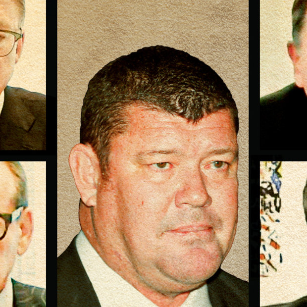 The question of James Packer's influence has long hung over Crown. James Packer (centre), with (clockwise from top left) Ken Barton, Guy Jalland, Michael Johnston, and John Alexander. 