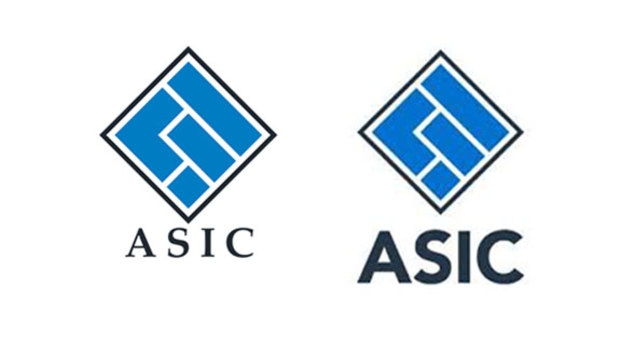 Contrast: the old ASIC logo, left, has  a serif font while the new logo, right, comes with a sans serif font.