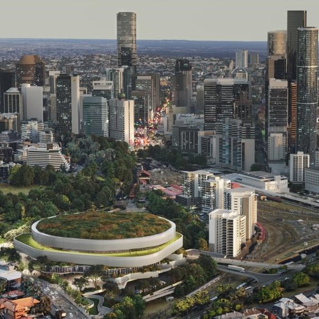 The revised plan for the Brisbane Arena saw the indoor stadium moved to the northern end of Roma Street Parklands.