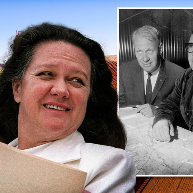 Gina Rinehart and her company Hancock Prospecting, started by her father Lang (inset far right), is defending claims to its Hope Downs iron ore tenement in the Pilbara from Wright Prospecting, started by Peter Wright (inset left).