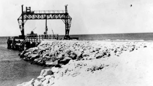 Rottnest Island's Army Jetty in the 1930s after 6 Heavy Battery RAA personnel built a heavy lift gantry for military operations.