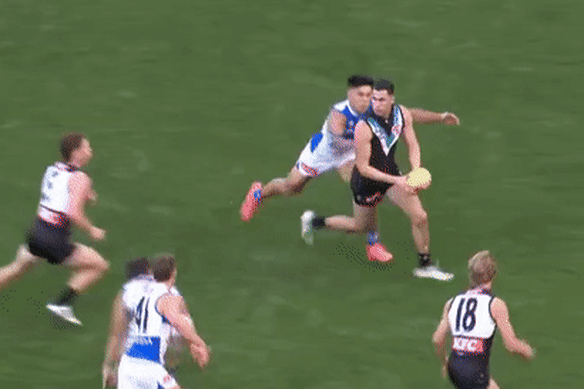 Paul Curtis was suspended for this tackle on Port Adelaide’s Josh Sinn in round seven.