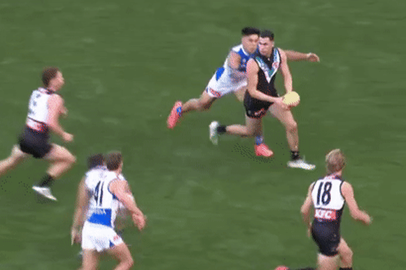 ‘That’ tackle from Paul Curtis on Port Adelaide’s Josh Sinn.