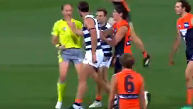 Geelong's Tom Hawkins missed a week for this incident of umpire contact.