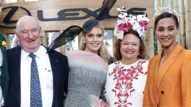 Lindsay Fox, Lady Kitty Spencer and Gina Rinehart, among others, pose for a photo on Cup Day.