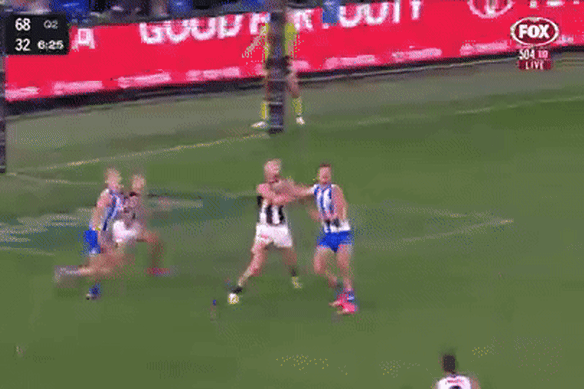 Bobby Hill takes a screamer in the second quarter of today’s game against North Melbourne.