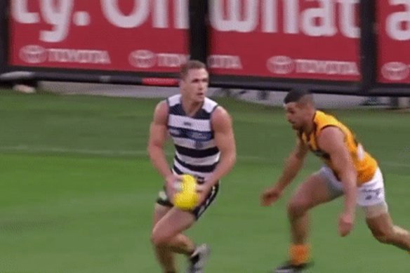 Paul Puopolo lays a brilliant tackle on Joel Selwood in 2014.