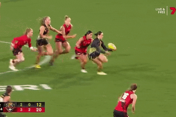 The incident in question: Maddy Prespakis lays a tackle on Monique Conti.