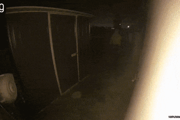 A camera at the Dover Street, Truganina, house captured the moment it was engulfed, before two men, one carrying what appears to be a jerry can, fled the scene.