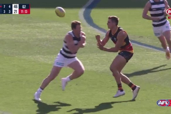 Patrick Dangerfield was suspended for three matches for this bump on Jake Kelly. 