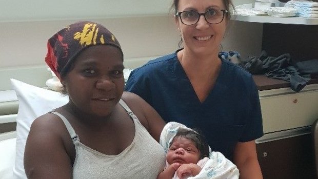 Frances Clark with newborn baby Veronica and the Hedland Health Campus midwife Danielle Johnson who suggested the name. 