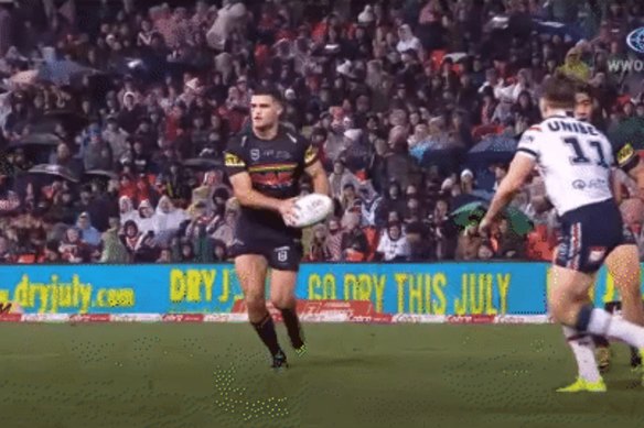 Nathan Cleary grubbers through for Stephen Crichton to score.
