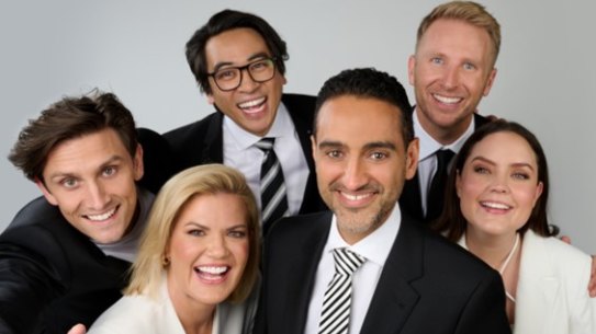 The Project’s current regular line-up includes (clockwise from left) Sam Taunton, Michael Hing, Hamish Macdonald, Georgie Tunny, Waleed Aly and Sarah Harris.