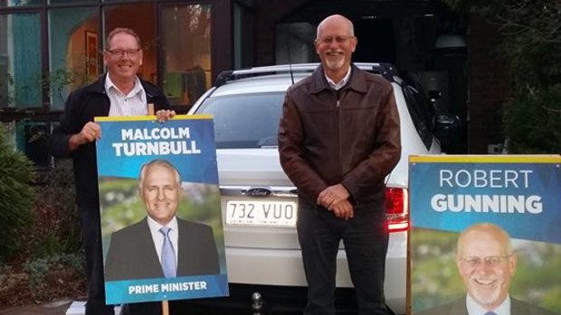 Director Bob Harrison campaigning with Liberal candidate Robert Gunning at the 2016 federal election.