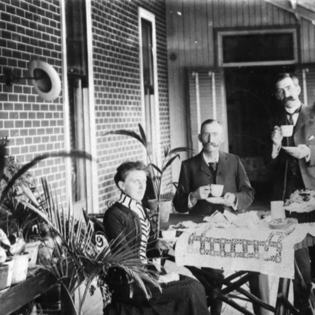 Afternoon tea on the verandah of 'Sedgley Grange', Newmarket, Brisbane, 1900-1910.
