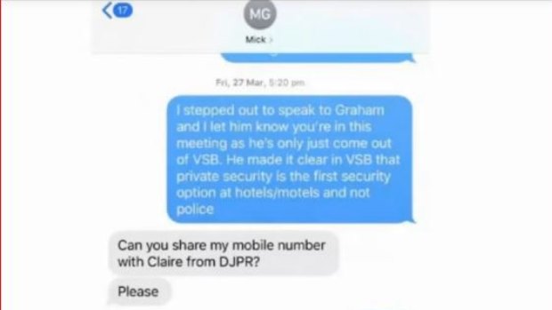 A screenshot of the text message Andrew Crisp sent to Assistant Police Commissioner Michael Grainger.