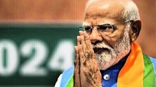 Altered picture of Indian Prime Minister Narendra Modi greets during the unveiling of his Hindu nationalist Bharatiya Janata party’s election manifesto in New Delhi, India. 