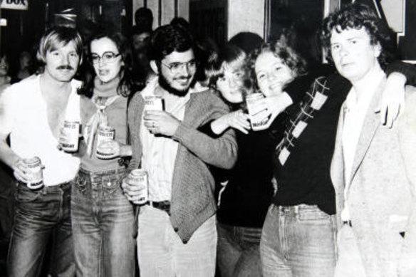 Writer Warwick McFadyen, far right, with Newcastle Morning Herald colleagues at the Star Hotel, pre-riot.