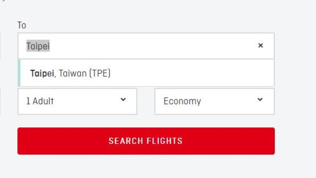The flight menu on the Qantas website, which does not comply with Chinese rules on how to refer to Taiwan.