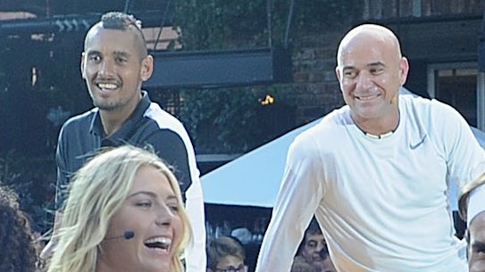 Rafael Nadal, Serena Williams, Madison Keys, Nick Kyrgios, Maria Sharapova, Pete Sampras, Andre Agassi, Genie Bouchard, Roger Federer,  Grigor Dimitrov and John McEnroe attends Nike’s “NYC Street Tennis” event in 2015 in New York.