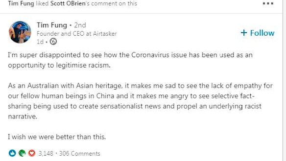A LinkedIn post from Airtasker founder Tim Fung on the fallout from coronavirus.
