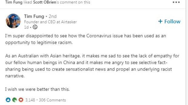 A LinkedIn post from Airtasker founder Tim Fung on the fallout from coronavirus.
