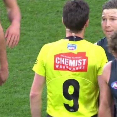 A catalyst moment – Toby Greene (at back) bumping into Matt Stevic last year.