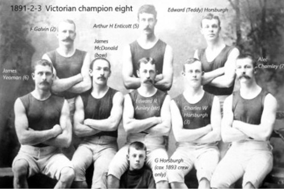 Yarra Yarra Rowing Club Victorian champion eight of 1891, 1892 and 1893. The boy at the bottom was the crew’s coxswain, who steers the boat.