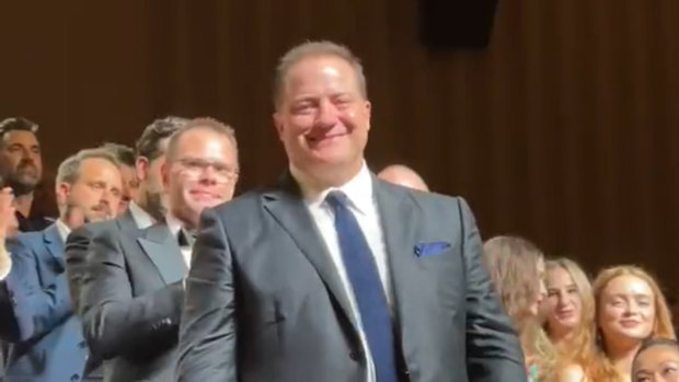 An emotional Brendan Fraser during the six-minute standing ovation he received for the film premiere of The Whale at the Venice Film Festival.