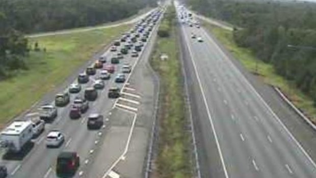 More than 15 kilometres of congestion had formed on the Bruce Highway, with traffic cameras showing heavy delays through Burpengary.