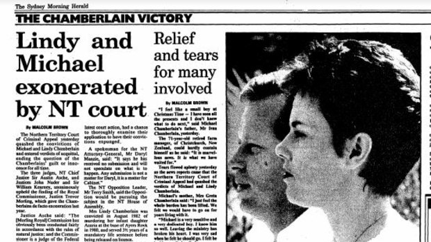 Turning point: The exoneration of Lindy and Michael Chamberlain as reported in <i>The Sydney Morning Herald</i>, September 16, 1988.