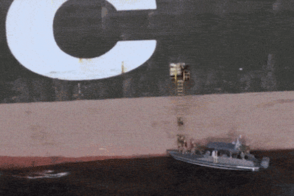 Iranian state broadcaster IRIB shared purported footage of the seizure of two cargo ships in the Strait of Hormuz.