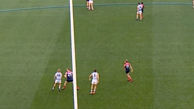 Off the ball: Video vision captured the incident between Tom Stewart and Tom McDonald (bottom left) in which the Geelong defender suffered a collarbone injury.