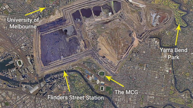 The Hazlewood mine pit overlaid on Melbourne's central business district to give some idea of scale. 