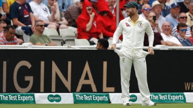 Nothing to see here: David Warner plays up to the Edgbaston crowd taunting him over the sandpaper affair.