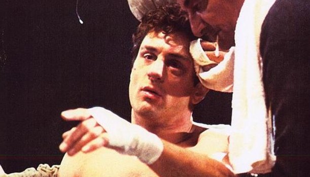 Robert De Niro as Jake LaMotta in Raging Bull.