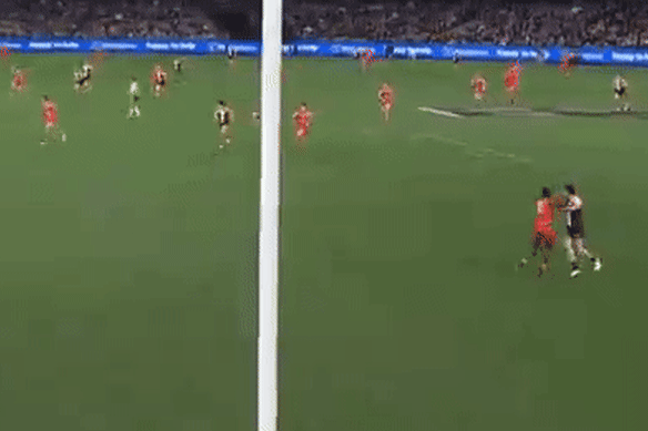 Gold Coast’s Mac Andrew had an important free kick paid against him. 