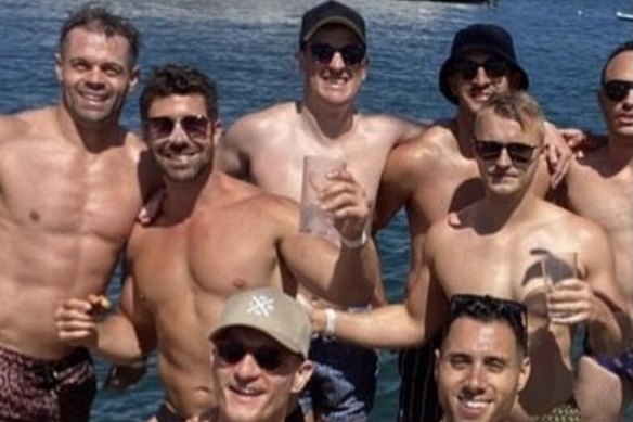 Heston Russell, second from left, on Sydney Harbour on January 2, the date of the alleged assault.