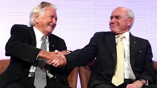 Former prime ministers Bob Hawke and John Howard.