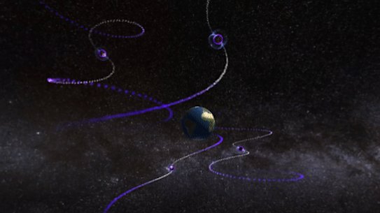 An animation showing pulsars - galactic “lighthouses” - emitting reliably timed beams of radiation, which can be detected by the Parkes radio telescope.