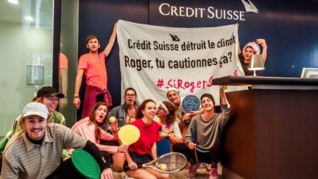 The activists inside a branch of Credit Suisse in November 2018.